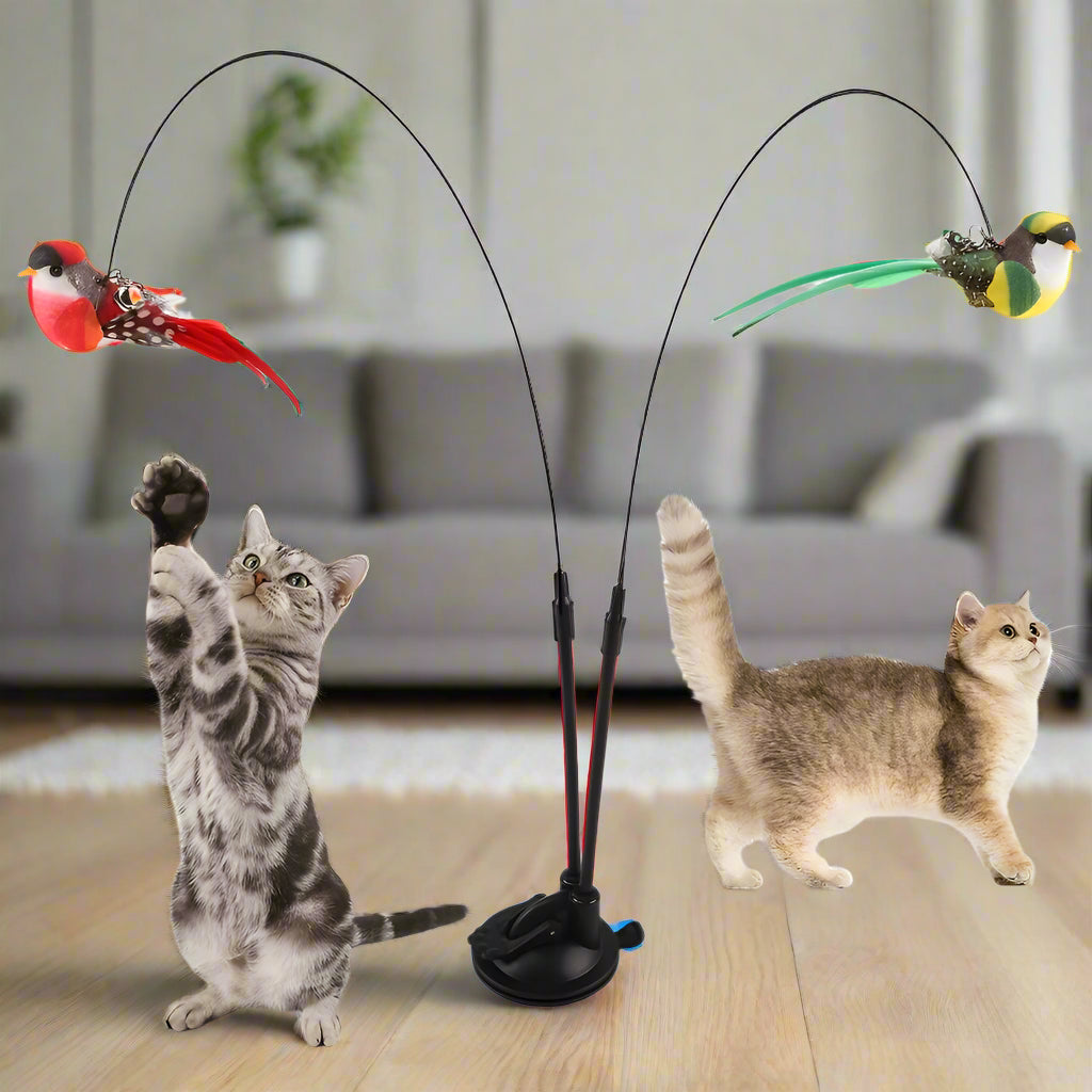 Interactive Cartoon Cat Toy Set with Feather Rod, Bell & Adhesive Base – Fun & Stimulating Toy for Cats with Birds & Polyester Accessories