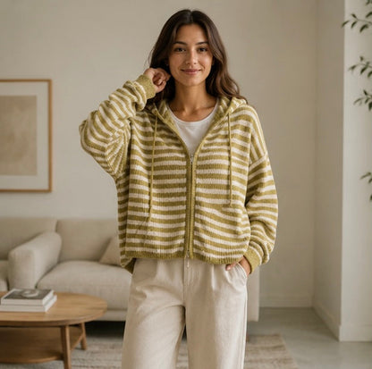 Stripe Hooded Knit Cardigan - Women Loose Fit Long Sleeve Sweater Jacket for Autumn Winter Casual Streetwear Fashion