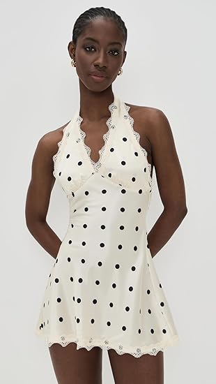 Satin Polka Dot Mini Dress – Women’s Lace Halter Deep V-Neck Sleeveless Backless Beach & Club Outfit