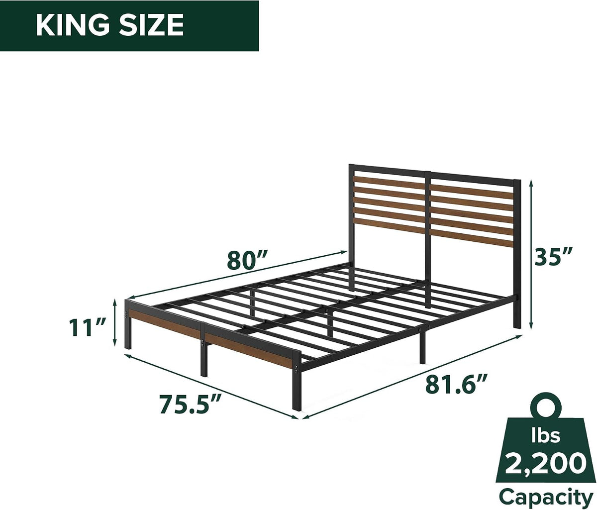 Bamboo and Metal Platform Bed Frame, Sturdy Steel Frame