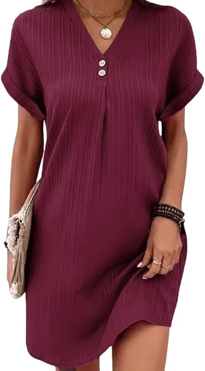 Fashion V-Neck Mini Summer Dress – Short Sleeves, Solid Color, Button Detail for Casual Elegance and Fresh Style