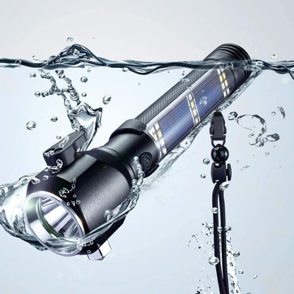 Tactical Solar Flashlight – 10-in-1 USB Rechargeable Survival Tool with SOS Alarm, Glass Breaker & Camping Emergency Kit