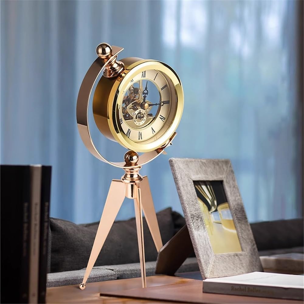 Luxury Gold Metal Table Clock - Silent Quartz Office Desk Clock with Artistic Aesthetic for Modern Home or Workspace Decor