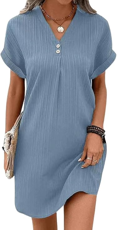 Fashion V-Neck Mini Summer Dress – Short Sleeves, Solid Color, Button Detail for Casual Elegance and Fresh Style