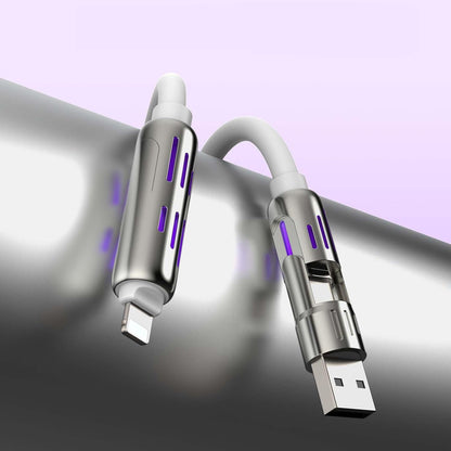 Multi-functional USB Cable with Breathing Light- 4-in-1 High Speed 240W Charging & Sync for iPhone, iPad, Type C, and USB-A Devices