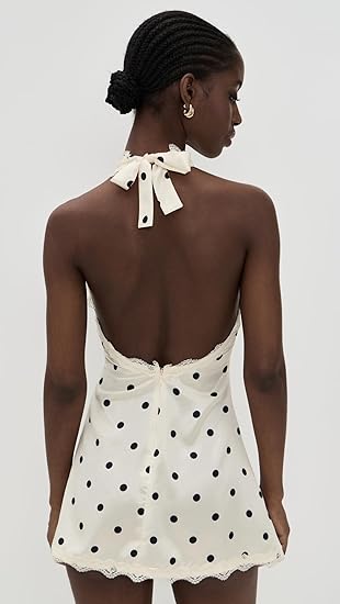 Satin Polka Dot Mini Dress – Women’s Lace Halter Deep V-Neck Sleeveless Backless Beach & Club Outfit