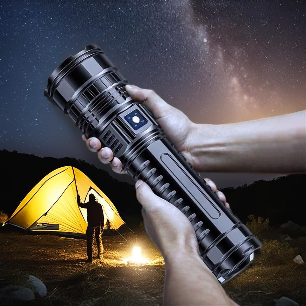 Tactical LED Flashlight – 1000W Built-in Battery Emergency Spotlight, 15000mAh Power with 9km Long-Range Beam