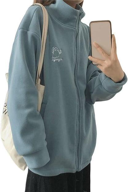 Women’s Embroidered Fleece Knit Cardigan – Open Front Zipper Hoodie with Round Neck & Long Sleeves