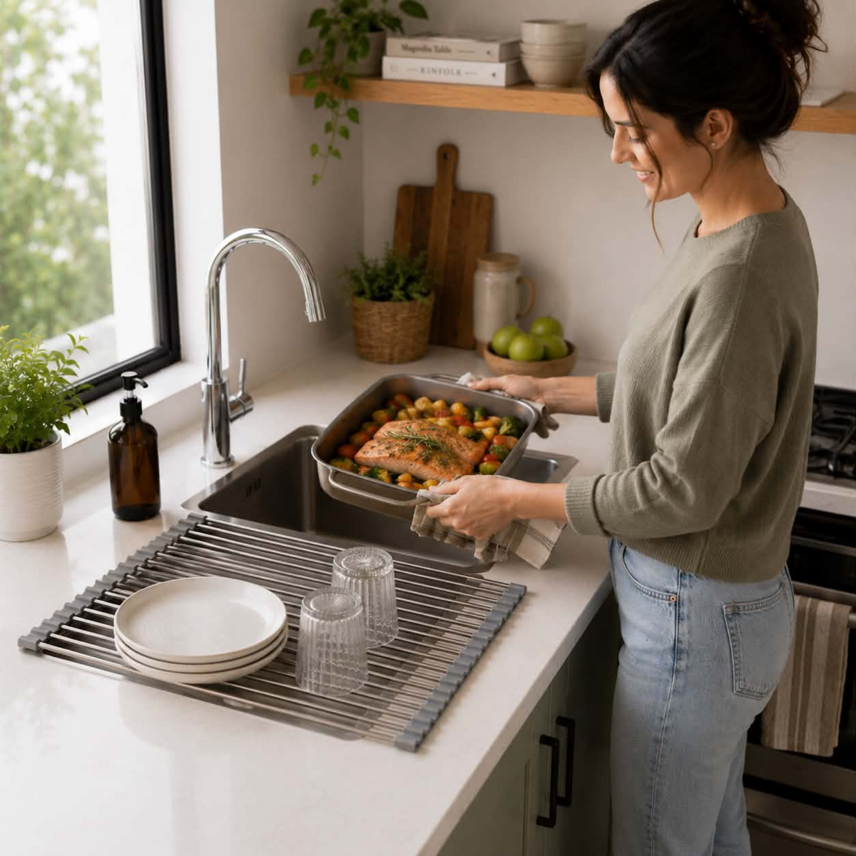 Stainless Steel Folding Drain Rack - Expandable Sink Organizer for Dishes, Fruits and Vegetables, Space-Saving Kitchen Storage Drying Rack
