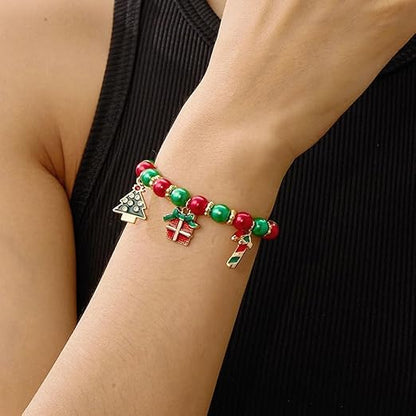 Enchanting Santa Bead Bracelet Set – Colorful Elastic Christmas Jewelry for Women, Holiday Reindeer Bracelets for Festive Outfits & Gifting