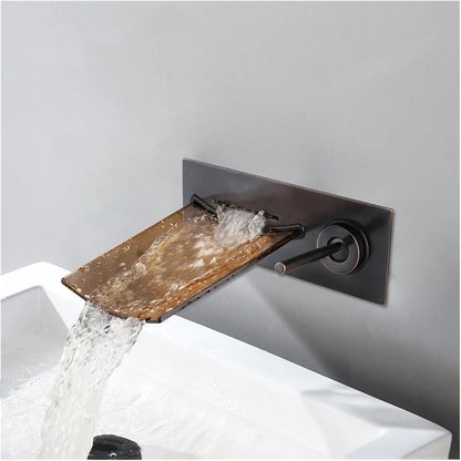 ORB Black Waterfall Faucet – Glass Spout Wall-Mounted Bathtub Mixer Tap for Modern Bathroom Aesthetics