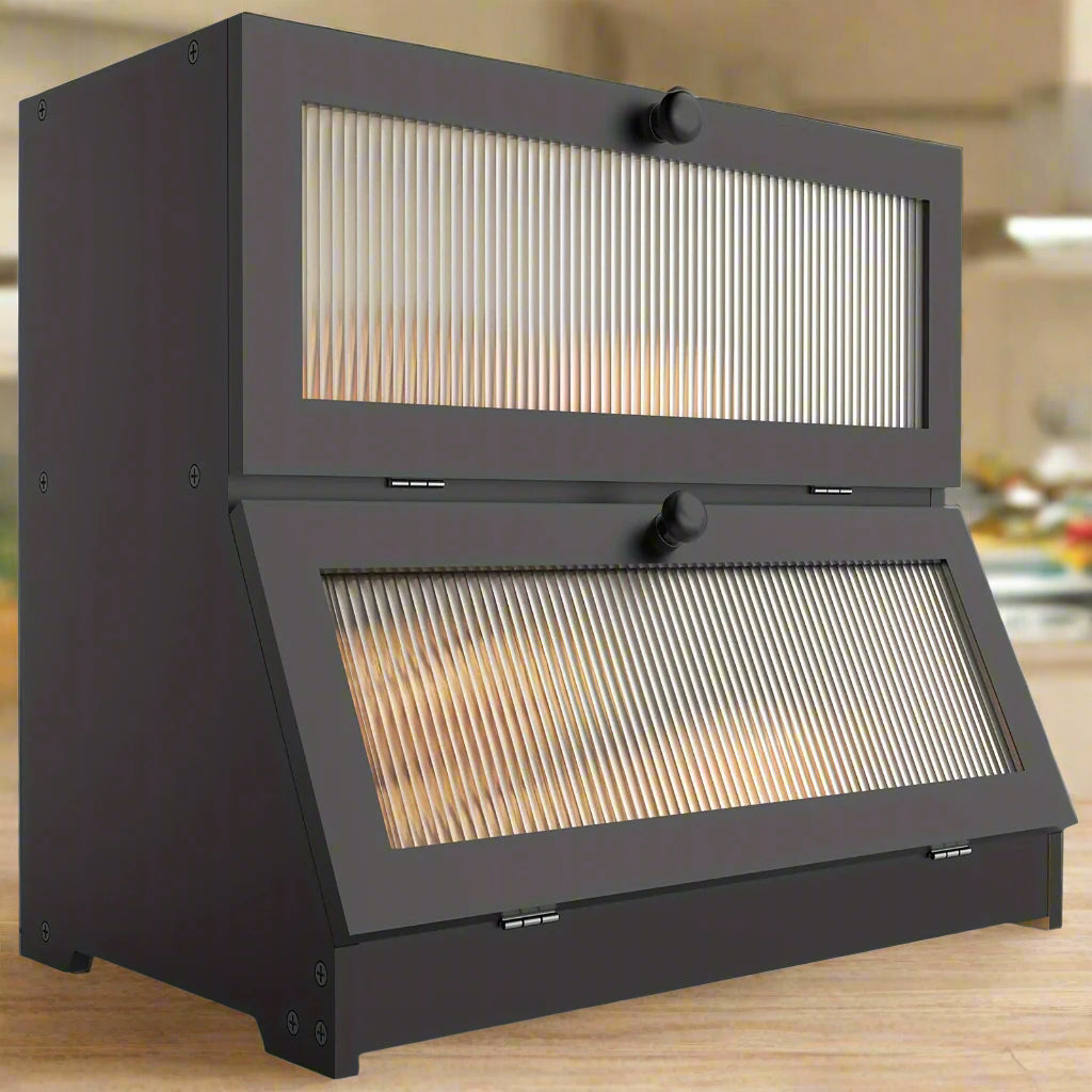 Double Layer Bread Box - Two-Tier Counter Cabinet with Fluted Doors and Bamboo-Lined Interior