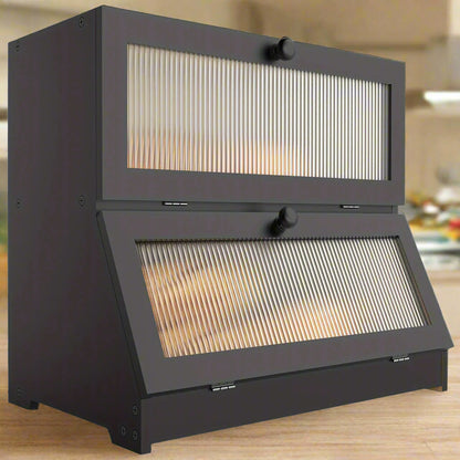 Double Layer Bread Box - Two-Tier Counter Cabinet with Fluted Doors and Bamboo-Lined Interior