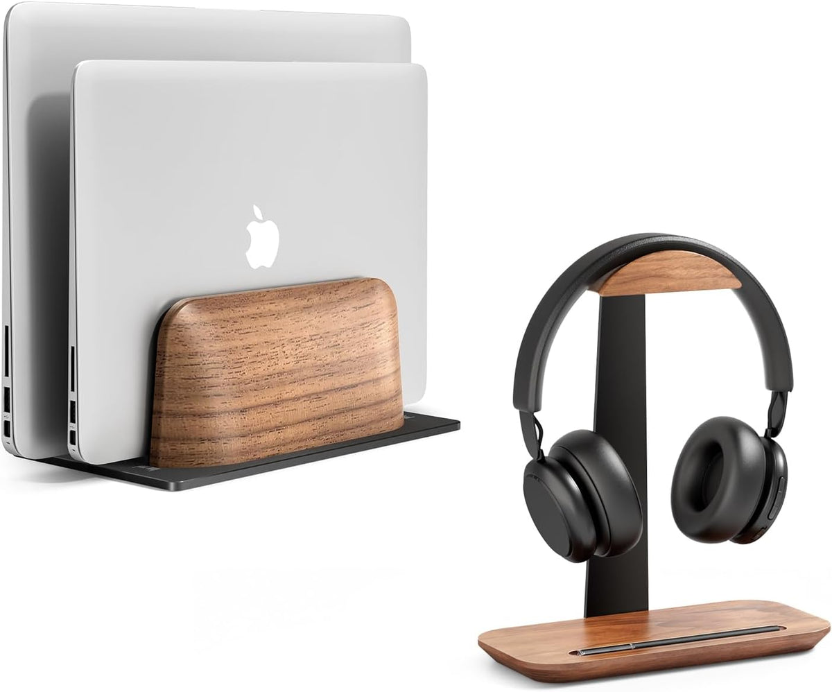 Vertical Laptop Stand – Premium Aluminum & Black Walnut Holder for MacBook, Dell, HP, Samsung & Surface, Elegant Desk Organizer