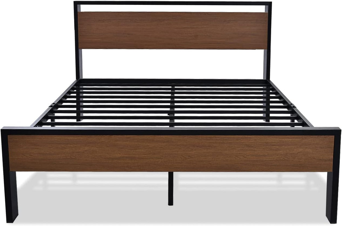 14 Inch Queen Size Metal Platform Bed Frame with Wooden Headboard and Footboard