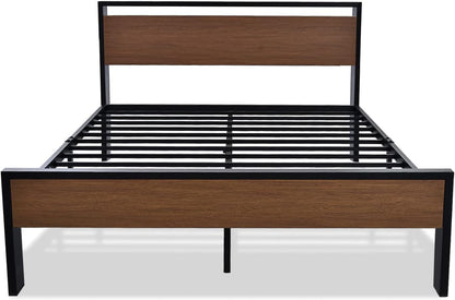14 Inch Queen Size Metal Platform Bed Frame with Wooden Headboard and Footboard