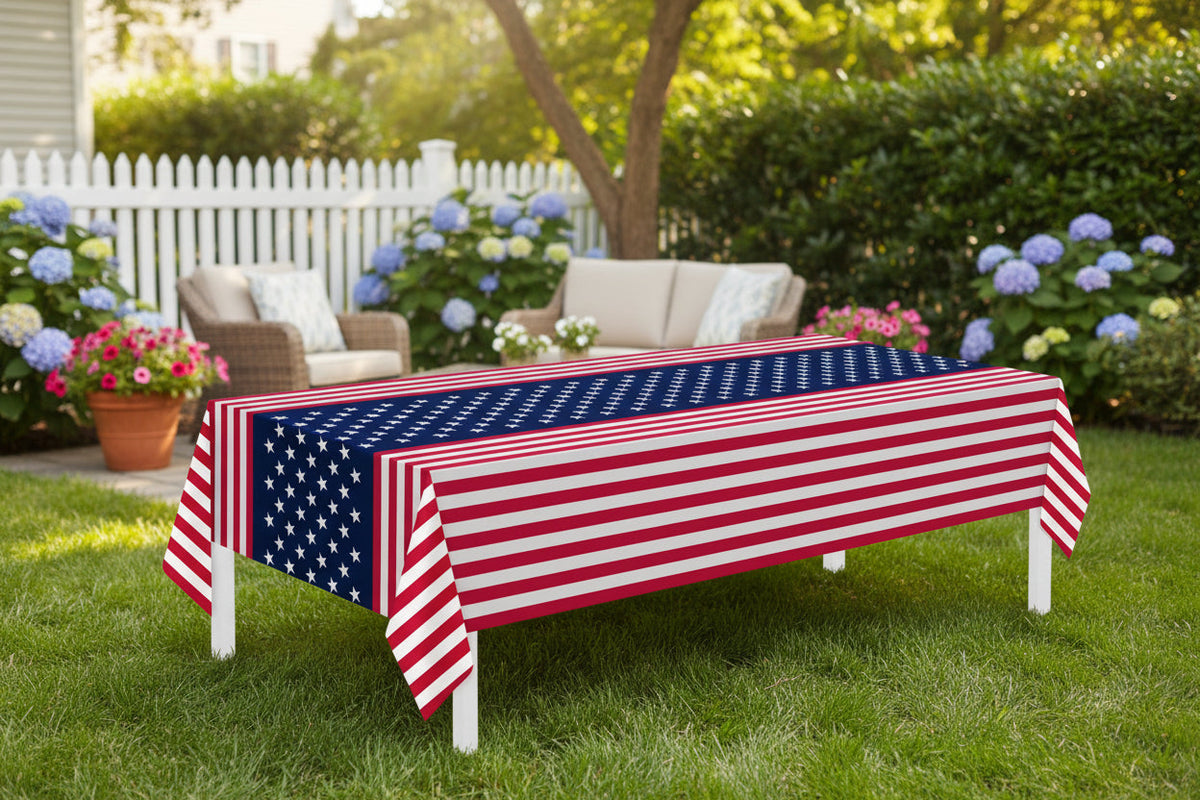 Patriotic American Flag PEVA Tablecloths – 2-Pack Disposable 54x108" Red White & Blue Table Covers for 4th of July Parties, BBQs & Outdoor Picnic Decorations