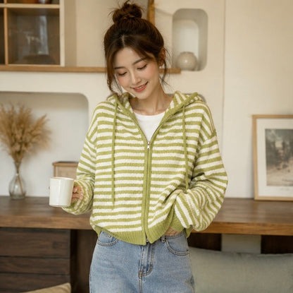 Stripe Hooded Knit Cardigan - Women Loose Fit Long Sleeve Sweater Jacket for Autumn Winter Casual Streetwear Fashion