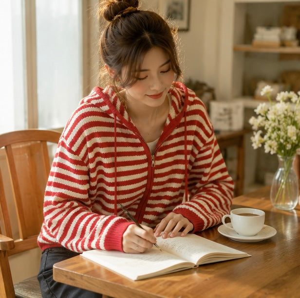 Stripe Hooded Knit Cardigan - Women Loose Fit Long Sleeve Sweater Jacket for Autumn Winter Casual Streetwear Fashion