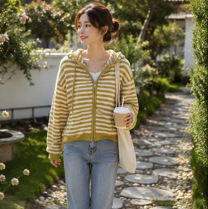 Stripe Hooded Knit Cardigan - Women Loose Fit Long Sleeve Sweater Jacket for Autumn Winter Casual Streetwear Fashion