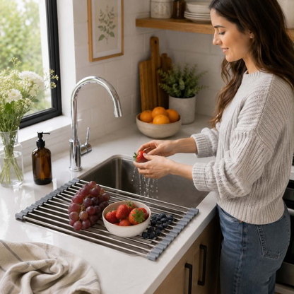 Stainless Steel Folding Drain Rack - Expandable Sink Organizer for Dishes, Fruits and Vegetables, Space-Saving Kitchen Storage Drying Rack