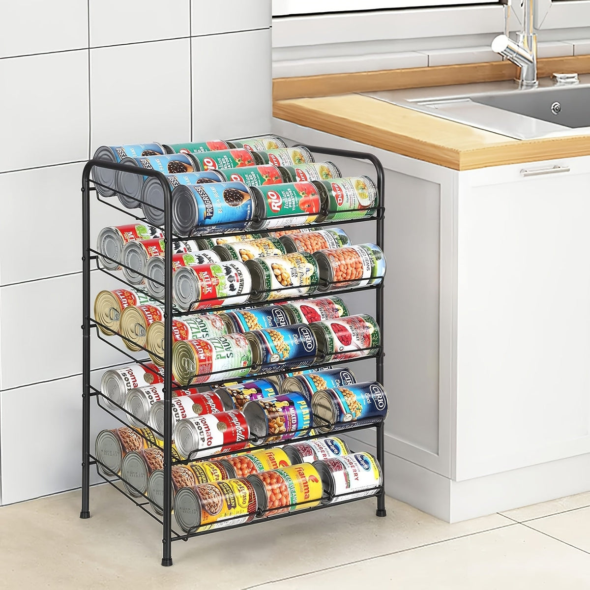 Adjustable Large Metal Can Rack Organizer – Multi-Tier Pantry Shelf for 84 Cans, Space-Saving Kitchen Cabinet Storage with Custom Dividers