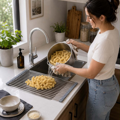 Stainless Steel Folding Drain Rack - Expandable Sink Organizer for Dishes, Fruits and Vegetables, Space-Saving Kitchen Storage Drying Rack