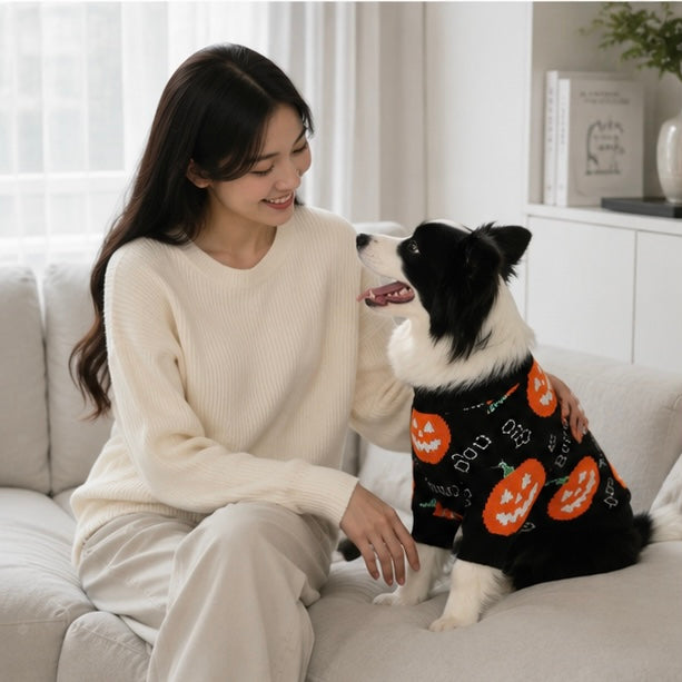 Halloween Pet Pumpkin Sweater – Puppy Kitten Costume Decoration, Warm Winter Dog Clothes, Cute Cat Outfit for Holiday Dress-Up
