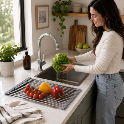 Stainless Steel Folding Drain Rack - Expandable Sink Organizer for Dishes, Fruits and Vegetables, Space-Saving Kitchen Storage Drying Rack