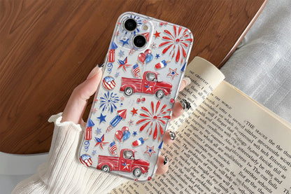 American Flag iPhone Case – Fireworks & Patriotic Truck Design Protective Cover for iPhone 16/15/14/13/12/11 Pro Max, Perfect Gift for Holidays & Everyday Use