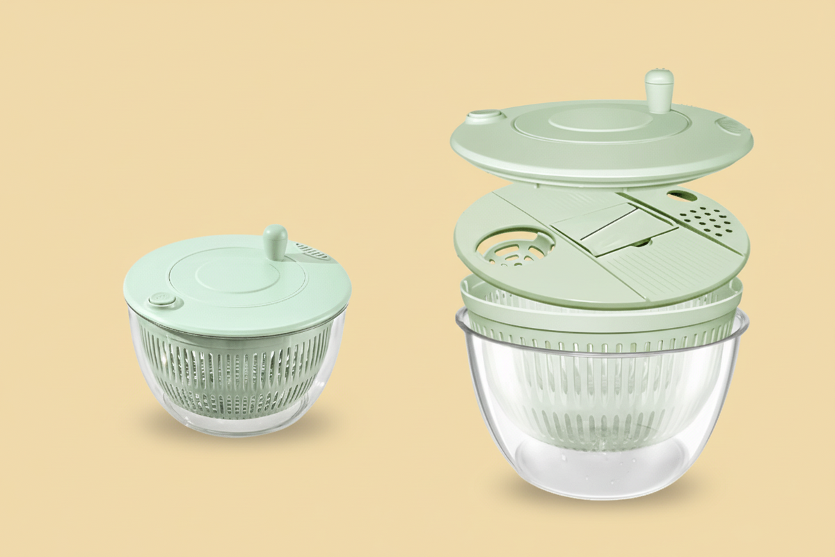 Multifunctional Vegetable Dehydrator & Slicer Set – Hand-Cranked Rotary Fruit and Vegetable Cutter with Drainage Basket for Salad Prep Kitchen Essentials
