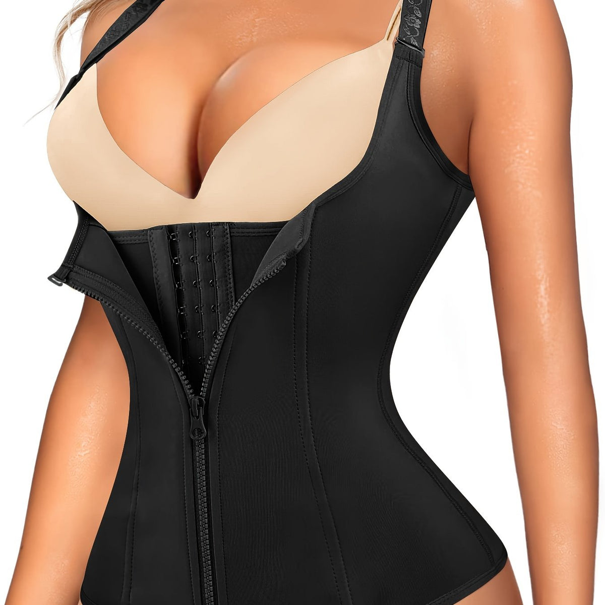 Women’s Open-Bust Tummy Control Black Zipper Cami Top –  Waist Trainer Shapewear for Curves and Hourglass Figure