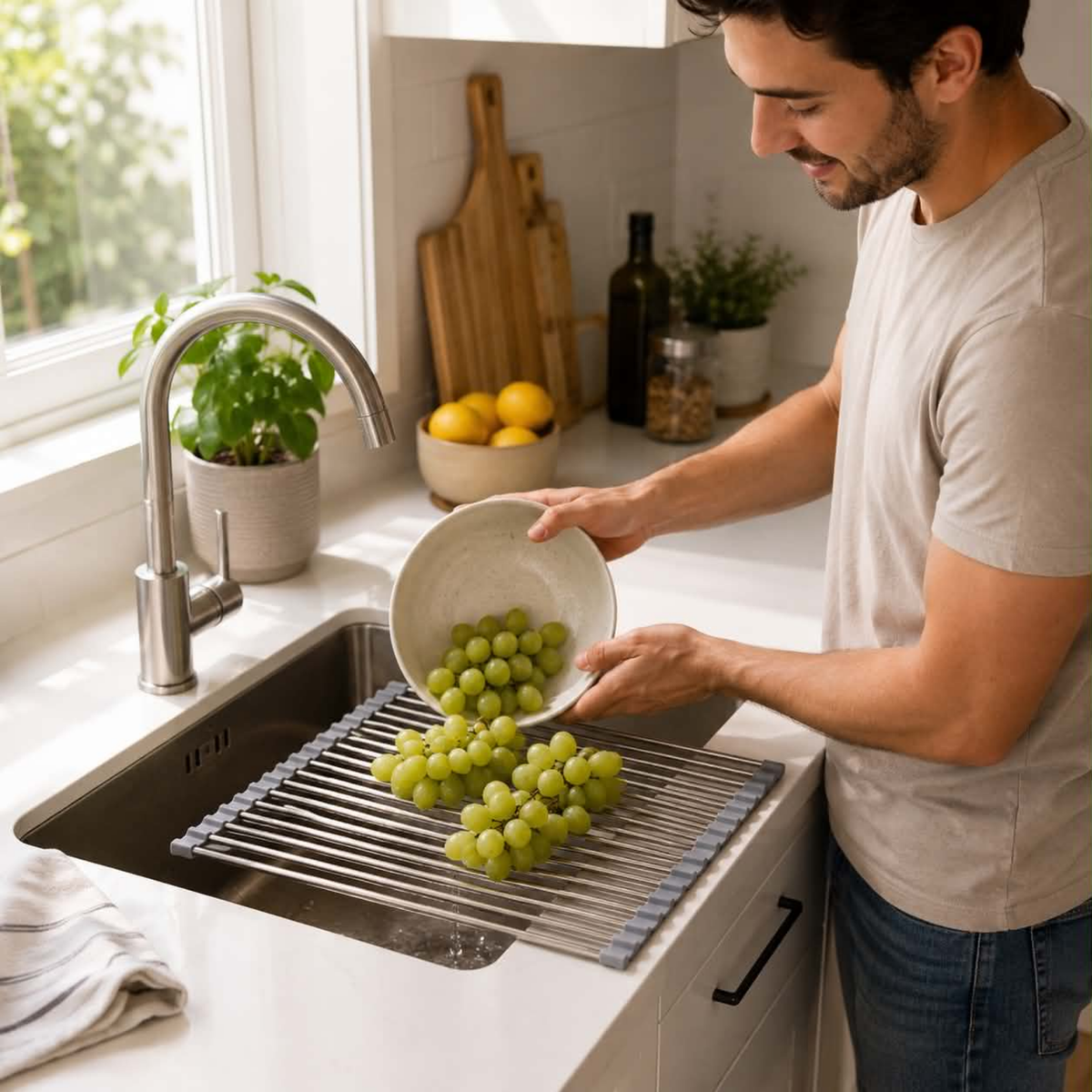 Stainless Steel Folding Drain Rack - Expandable Sink Organizer for Dishes, Fruits and Vegetables, Space-Saving Kitchen Storage Drying Rack