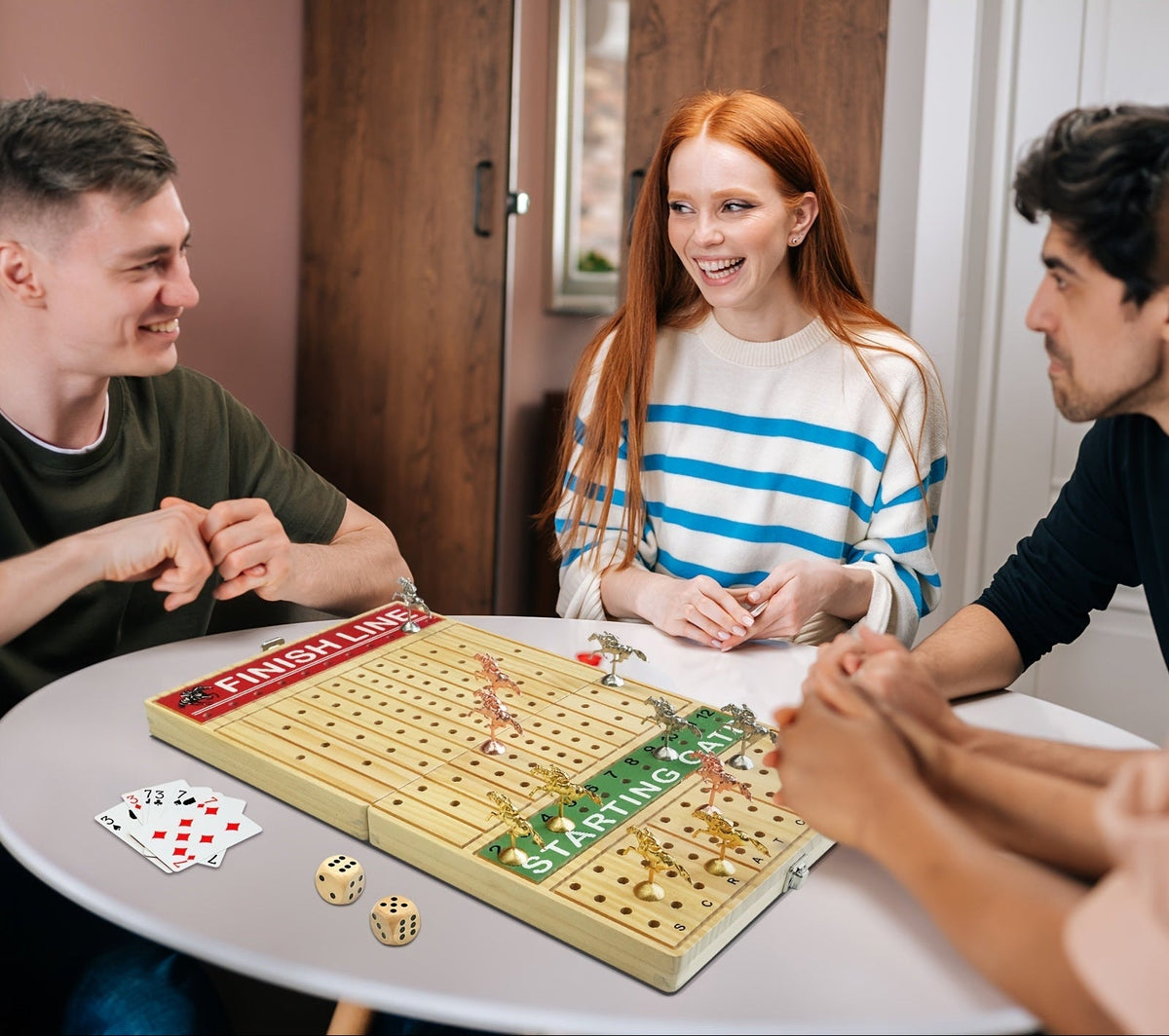 Foldable Solid Wooden Horse Racing Board Game – 21-Inch Wood Table Set with 11 Metal Horses, Poker Chips, Cards & Dice for Family Fun Nights