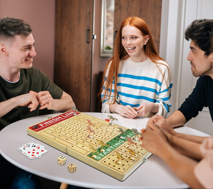 Foldable Solid Wooden Horse Racing Board Game – 21-Inch Wood Table Set with 11 Metal Horses, Poker Chips, Cards & Dice for Family Fun Nights