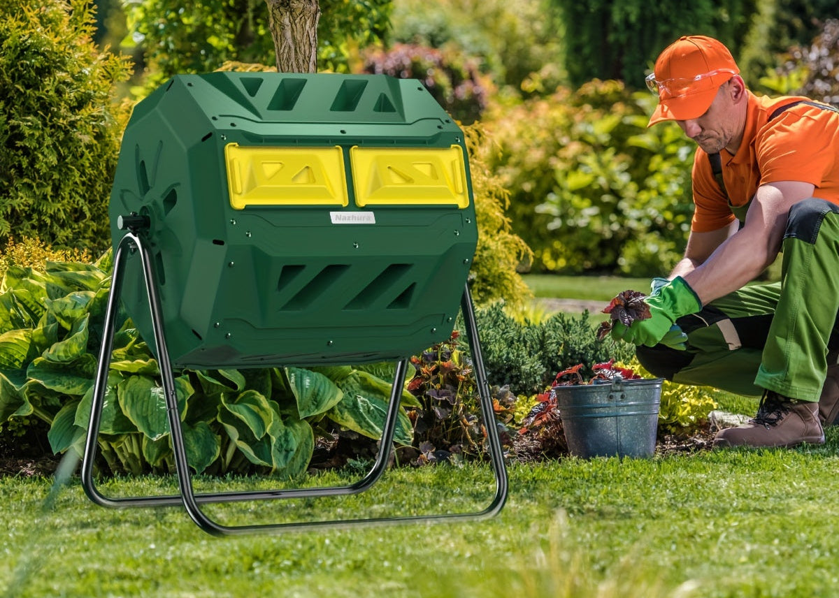 Dual Chamber Compost Tumbler Bin – 43-Gallon Efficient Rotating Waste Mixer with Gloves, Ideal for Eco-Friendly Gardening and Kitchen Recycling