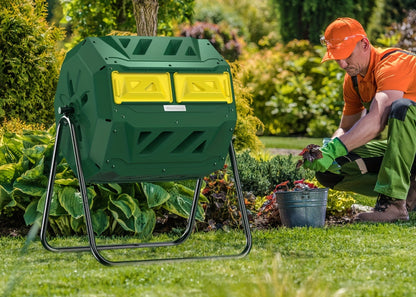 Dual Chamber Compost Tumbler Bin – 43-Gallon Efficient Rotating Waste Mixer with Gloves, Ideal for Eco-Friendly Gardening and Kitchen Recycling