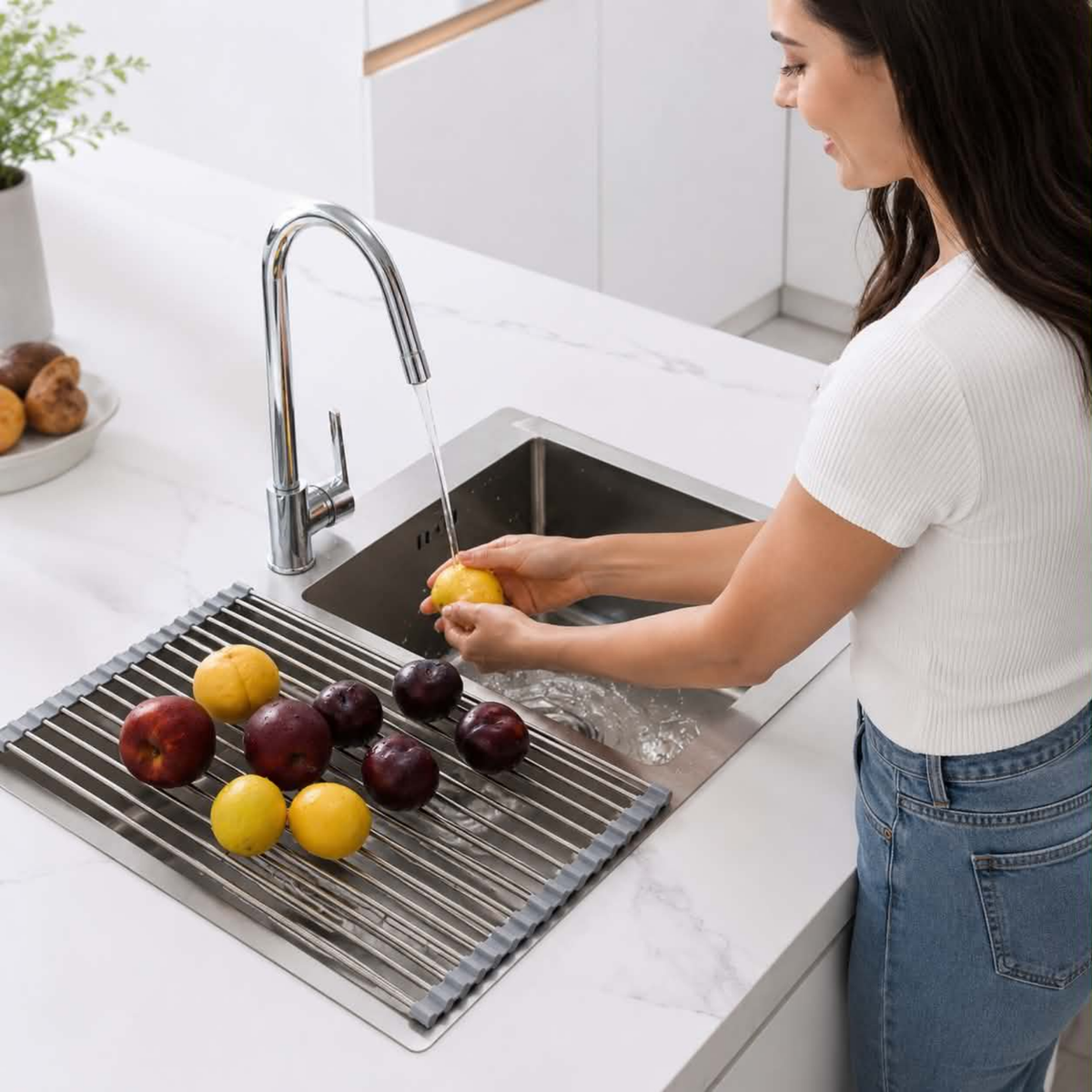 Stainless Steel Folding Drain Rack - Expandable Sink Organizer for Dishes, Fruits and Vegetables, Space-Saving Kitchen Storage Drying Rack