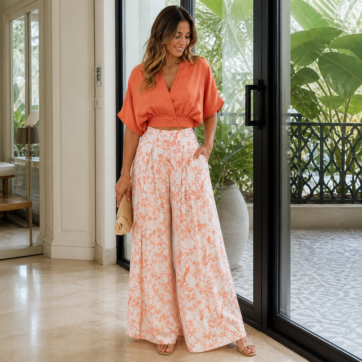 Casual Two Piece Outfit – Women’s V-Neck Top and Wide Leg Pants Set, Loose Fit Streetwear Fashion for Everyday Style