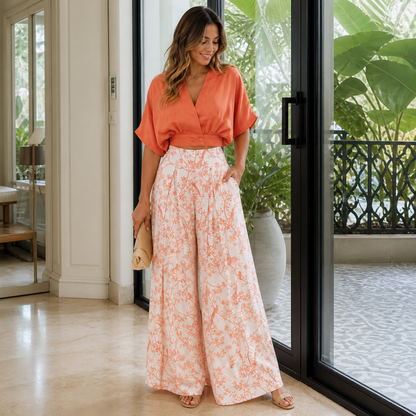 Casual Two Piece Outfit – Women’s V-Neck Top and Wide Leg Pants Set, Loose Fit Streetwear Fashion for Everyday Style