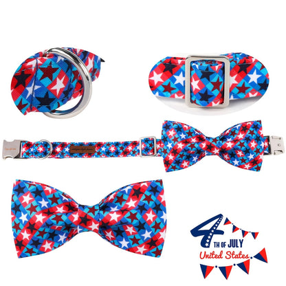 Patriotic American Stars Dog Collar with Bow – Adjustable 4th of July Pet Collar for Small & Large Dogs, Independence Day Accessory