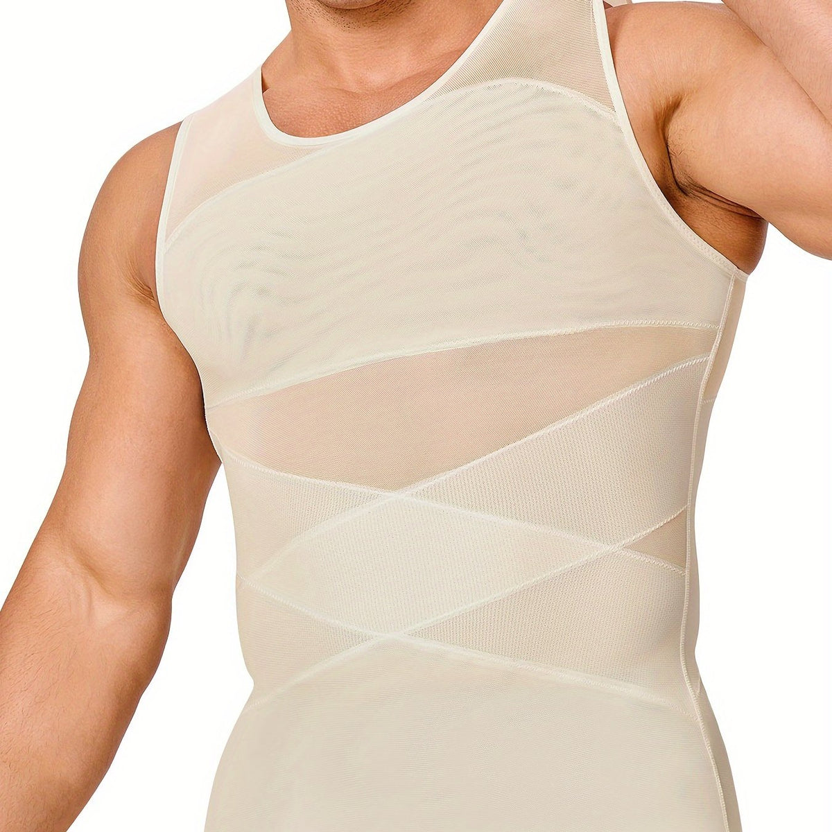 Men’s High-Stretch Nylon Spandex Tank Top – Crew Neck Compression Vest with Mesh Contrast & Skinny Fit Design
