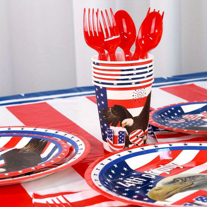 Patriotic 4th of July Party Decor Set – 170pcs American Flag Themed Plates, Cups, Tablecloths & Banner for Independence Day Celebrations, Fireworks Parties & Patriotic Events
