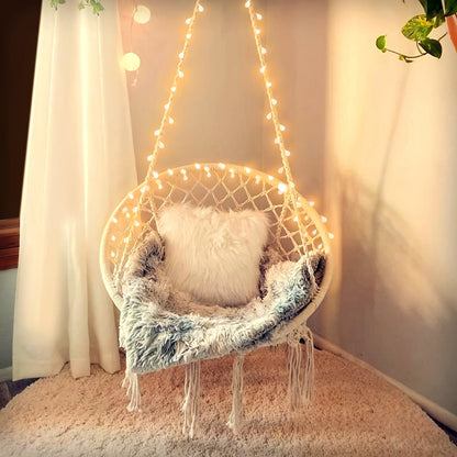 Macrame Hanging Hammock Chair – Cotton Rope Swing Seat with Lights, Holds 550lbs for Bedroom Patio Porch