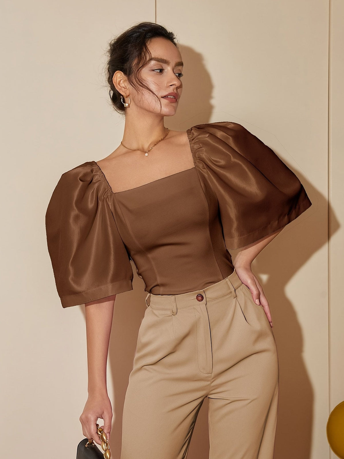 Chic Square Neck Lantern Sleeve Blouse – Woven Polyester Women’s Fashion Top for Spring/Summer Street Style with a Flattering Skinny Fit
