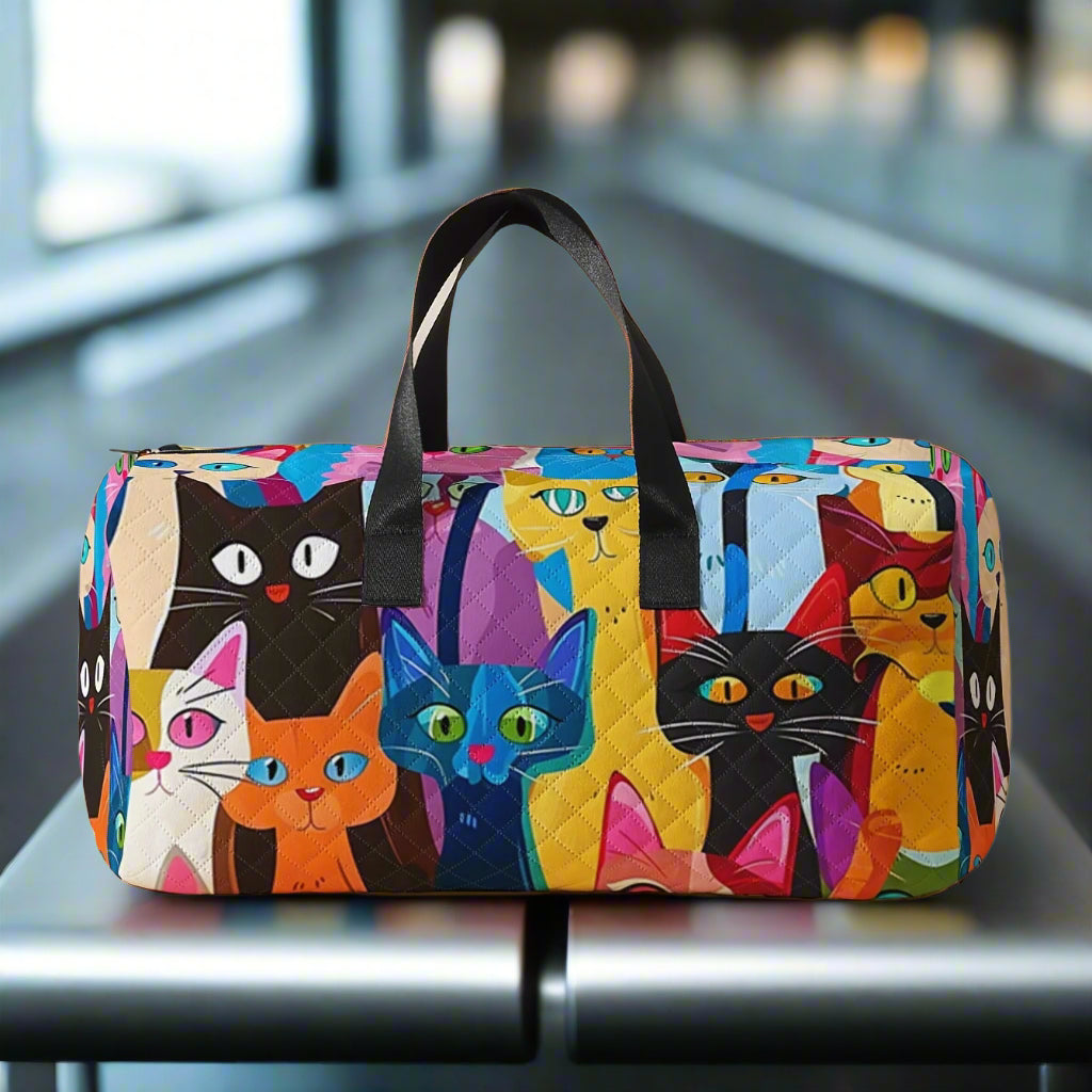 Cartoon Cat Travel Duffel Bag – Large Capacity Quilted Gym, Yoga, and Training Bag with Shoe Compartment and Stylish Print