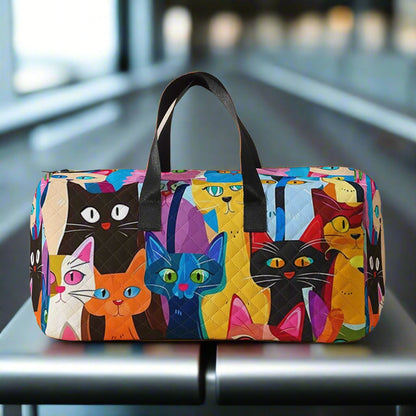 Cartoon Cat Travel Duffel Bag – Large Capacity Quilted Gym, Yoga, and Training Bag with Shoe Compartment and Stylish Print