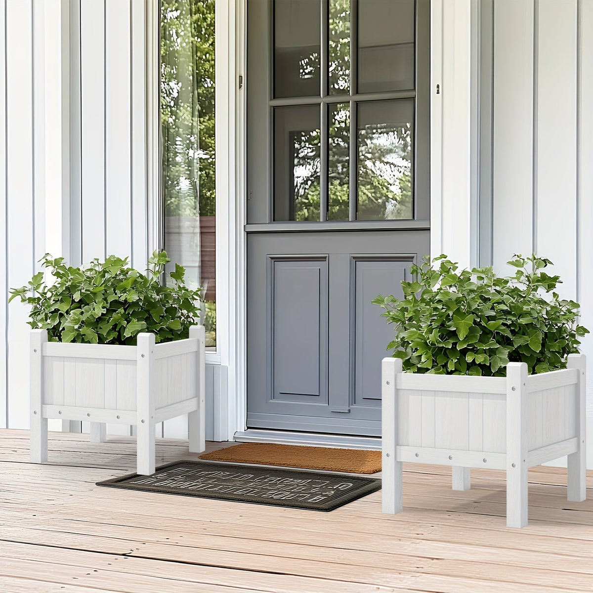 Modern Square Planter Box – Chic White Weatherproof Garden Pot with Faux Hydrangeas for Stunning Outdoor Decor, Balcony, or Patio Style