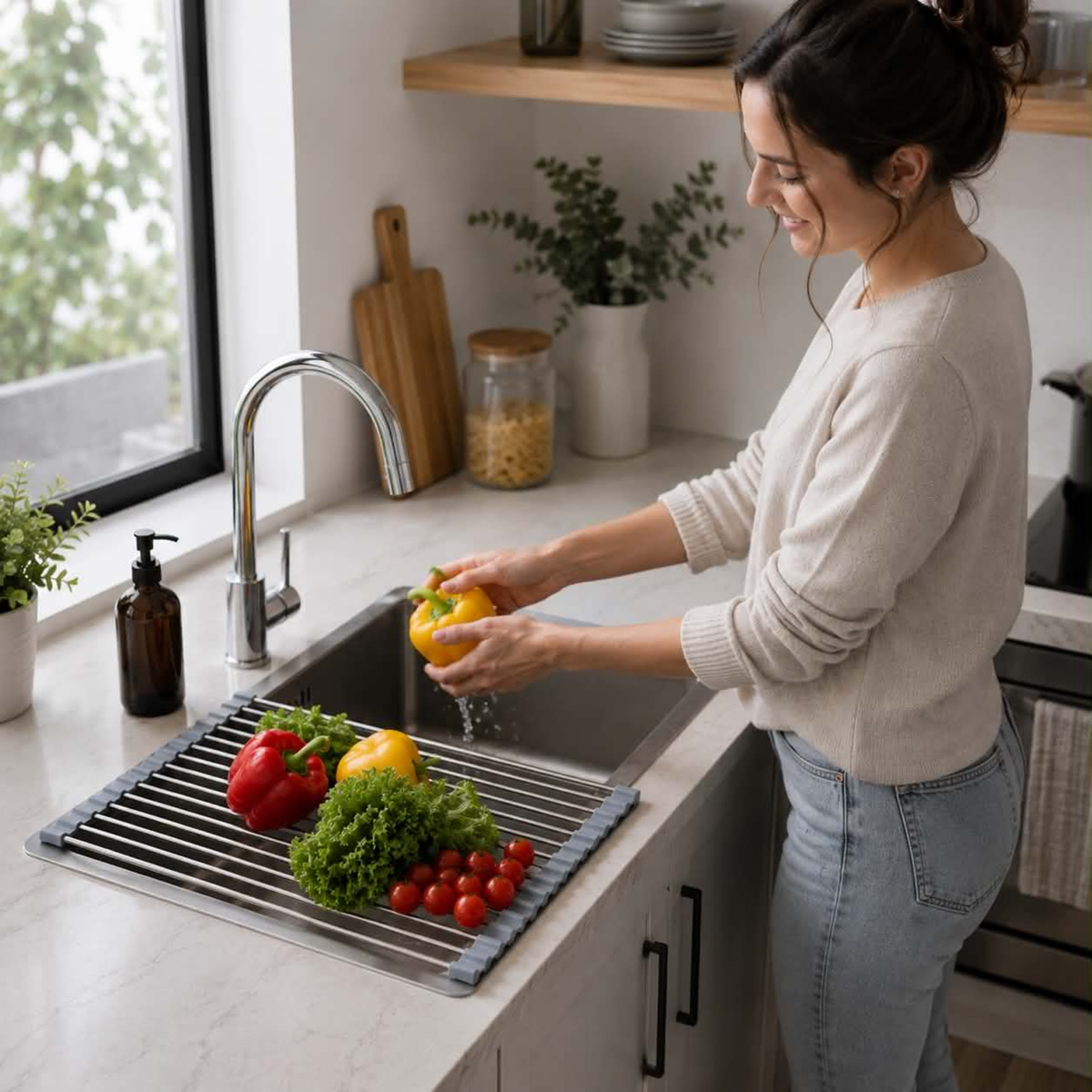 Stainless Steel Folding Drain Rack - Expandable Sink Organizer for Dishes, Fruits and Vegetables, Space-Saving Kitchen Storage Drying Rack