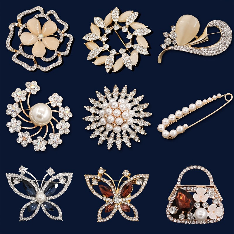 Rhinestone Inlaid Brooch Set – 9pcs. Elegant Luxury Corsage Pins for Women’s Suits, Jackets, Weddings, and Holiday Fashion Accessories